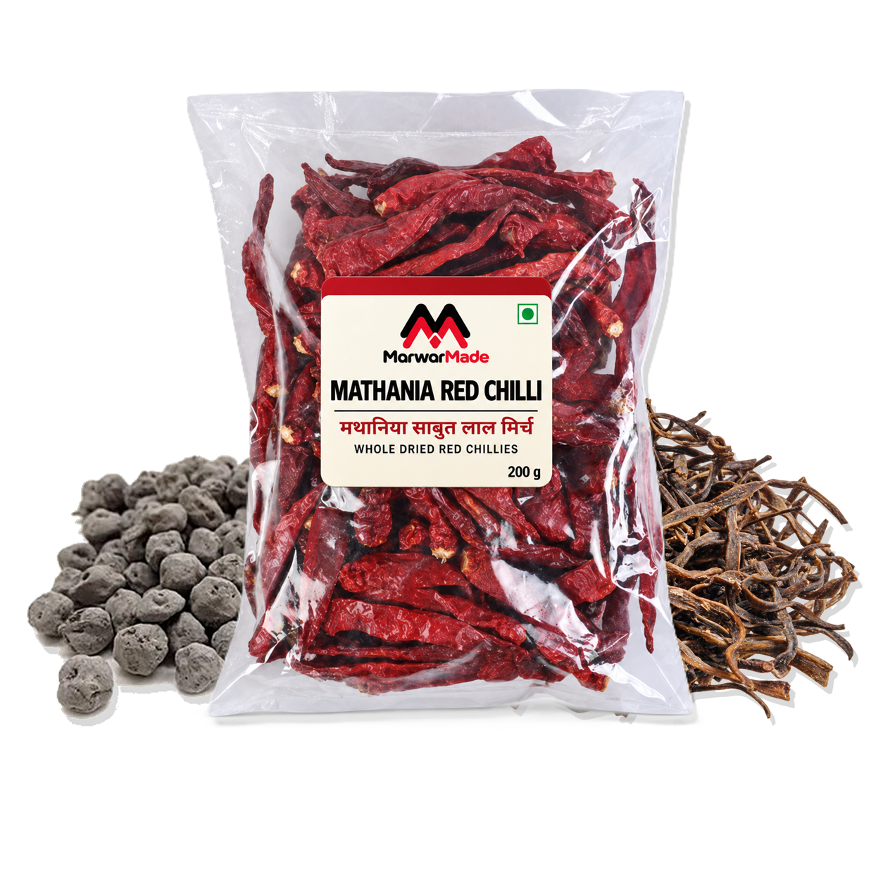 Mathania Red Chilli pouch in front, with Dried Ker and Dried Sangri behind