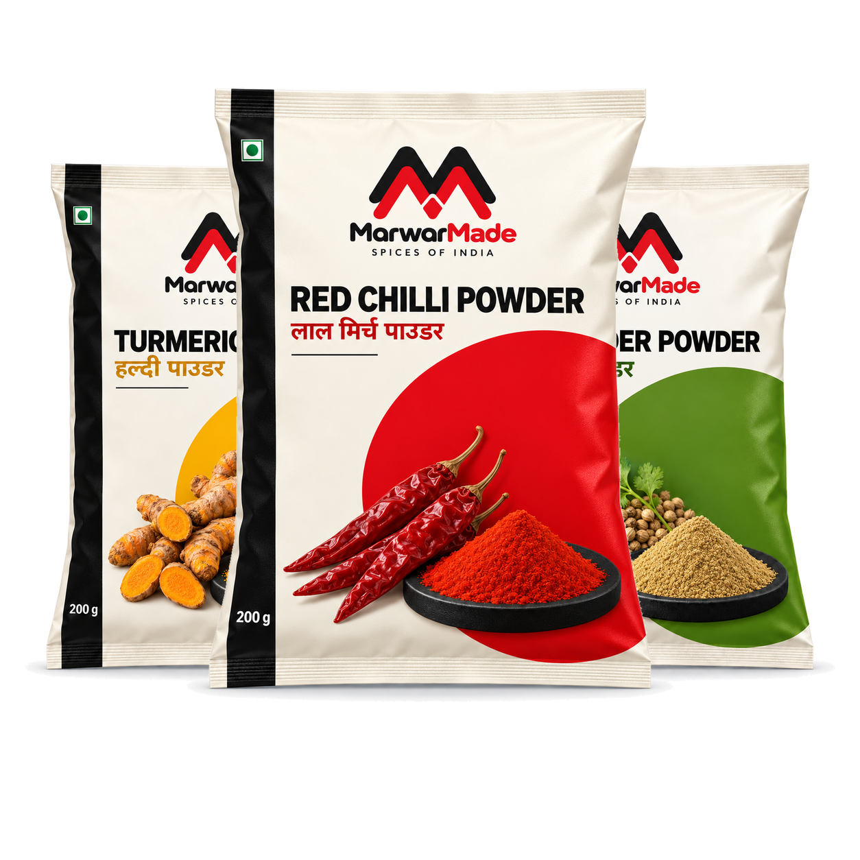 Red Chilli Powder pouch in front, with Turmeric and Coriander Powder pouches behind